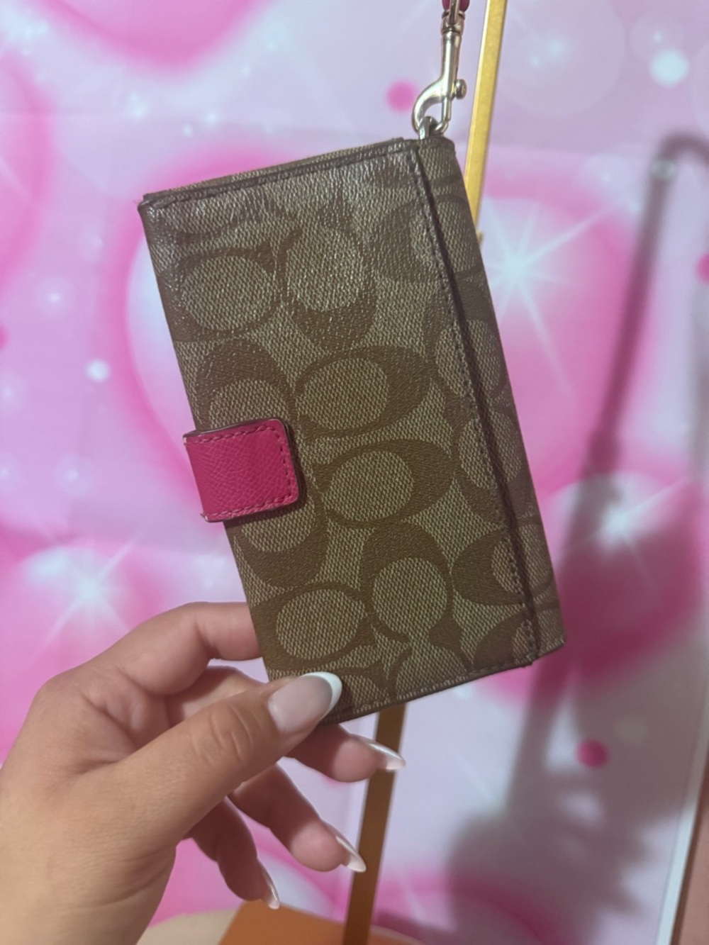 Coach Brown Signature Canvas Wristlet with Pink Snap Tab - Picture 2 of 9